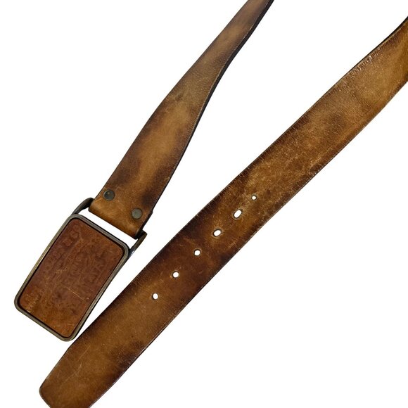 Vintage 70s Levis Leather Belt Mens 36 Stamped Logo Buckle Hand Stained 1265-3 - Picture 5 of 12